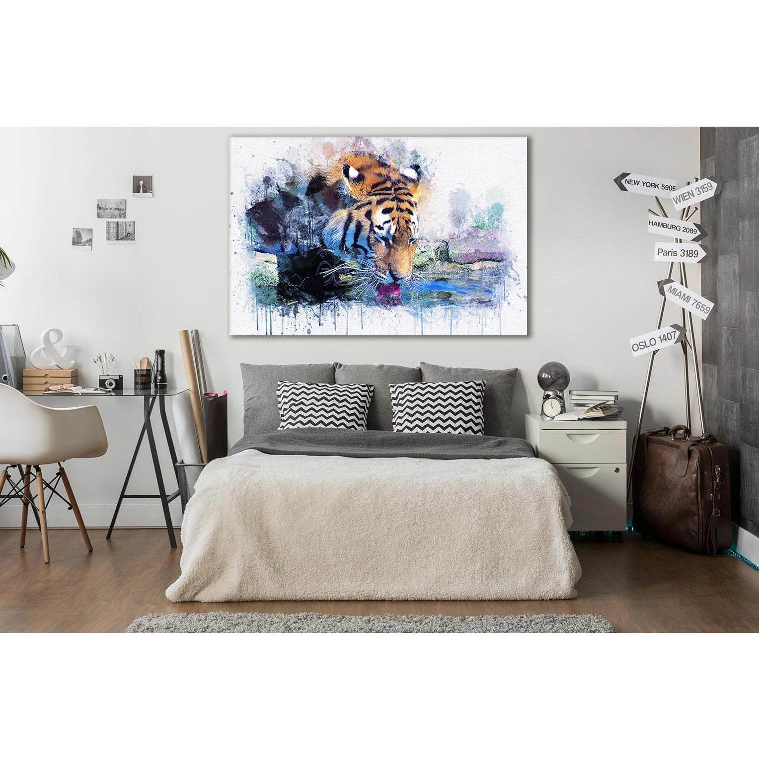 Tiger Drinks Water Oil Painting №SL576 Ready to Hang Canvas Print - Zellart Canvas Prints 0new, ALL_Products, Oil Painting Wall Art, Tiger