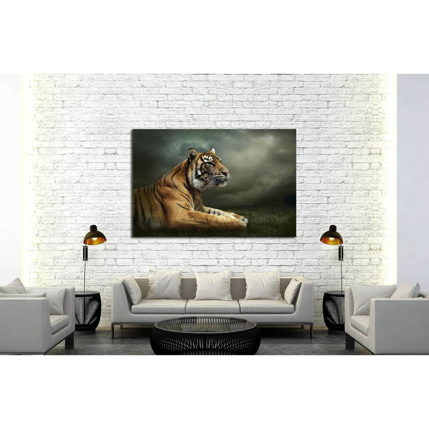 Tiger looking and sitting under dramatic sky with clouds №2347 Ready to Hang Canvas Print - Zellart Canvas Prints ALL_Products, s-2347, Tiger