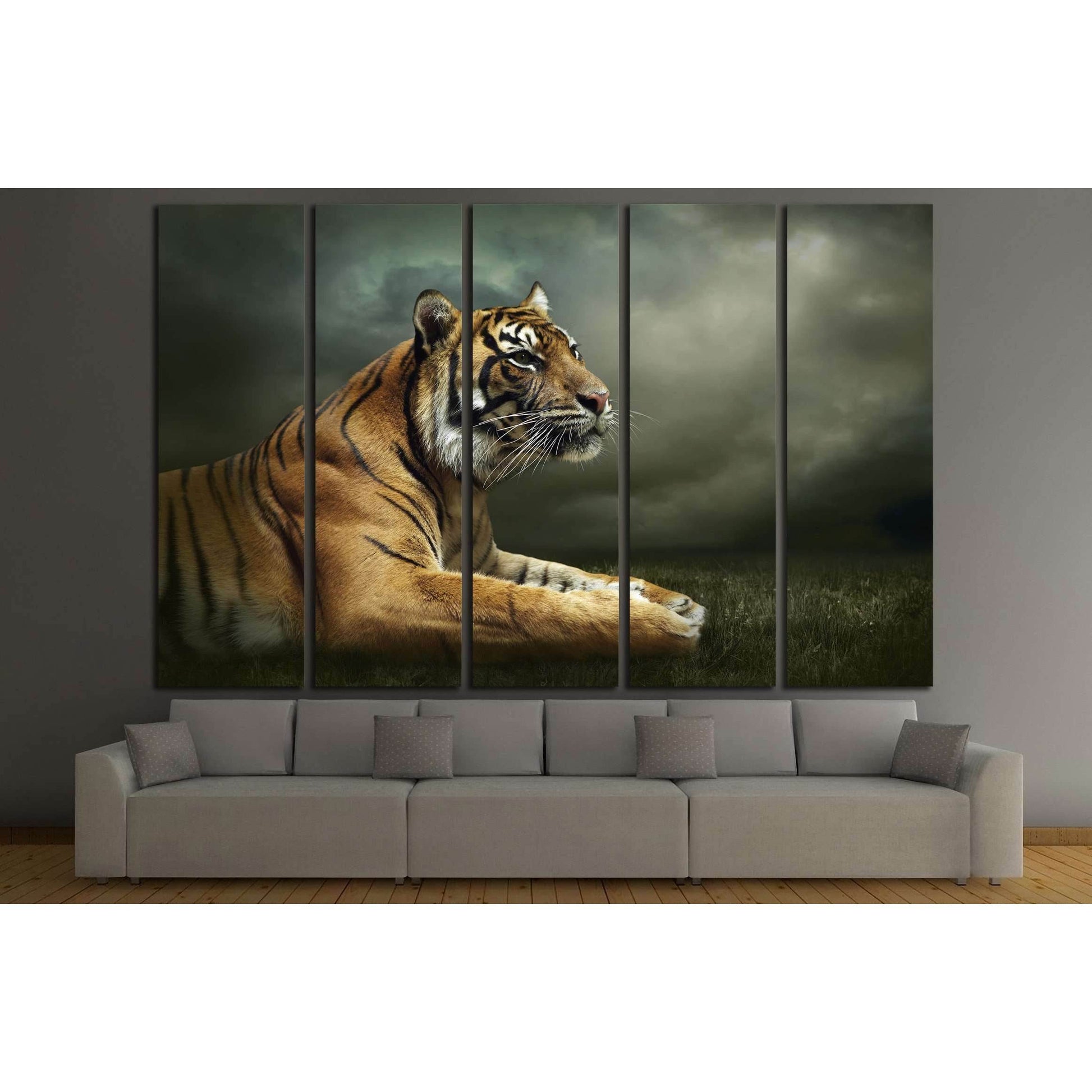 Tiger looking and sitting under dramatic sky with clouds №2347 Ready to Hang Canvas Print - Zellart Canvas Prints ALL_Products, s-2347, Tiger