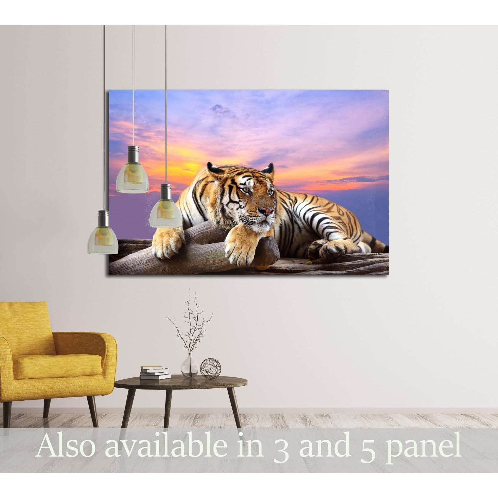 Tiger looking something on the rock with beautiful sky at sunset time №2793 Ready to Hang Canvas Print - Zellart Canvas Prints ALL_Products, s-2793, Tiger