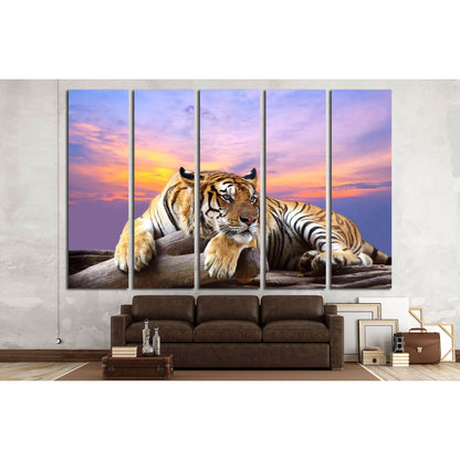 Tiger looking something on the rock with beautiful sky at sunset time №2793 Ready to Hang Canvas Print - Zellart Canvas Prints ALL_Products, s-2793, Tiger