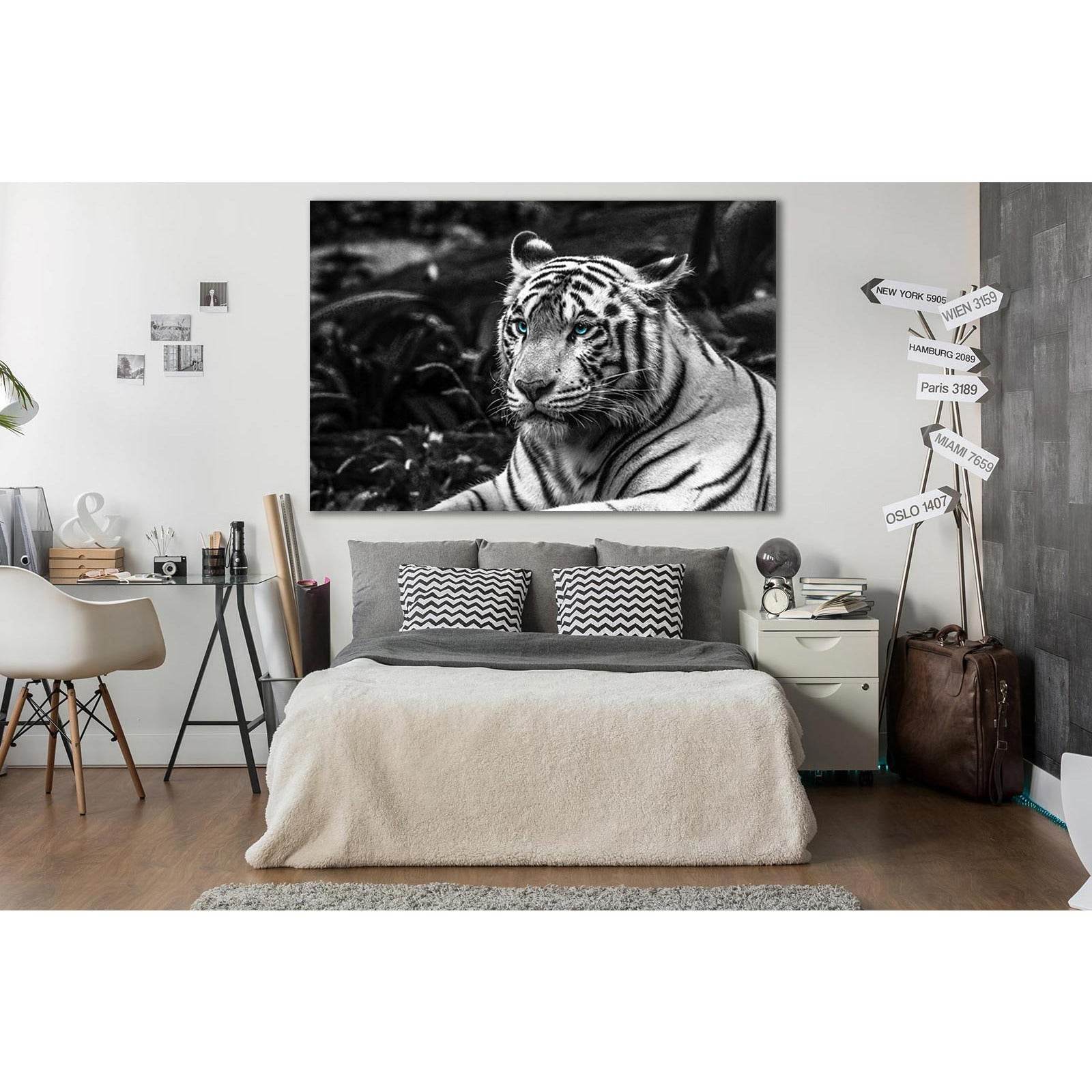 Tiger With Blue Eyes Black And White №SL845 Ready to Hang Canvas Print - Zellart Canvas Prints 0new, ALL_Products, Black & White Wall Art, Tiger