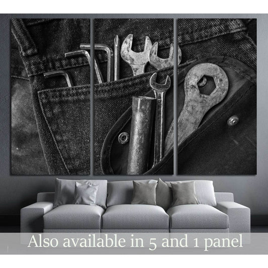 Tools on a workers pocket, Black and white photo №3245 Ready to Hang Canvas PrintCanvas art arrives ready to hang, with hanging accessories included and no additional framing required. Every canvas print is hand-crafted, made on-demand at our workshop and