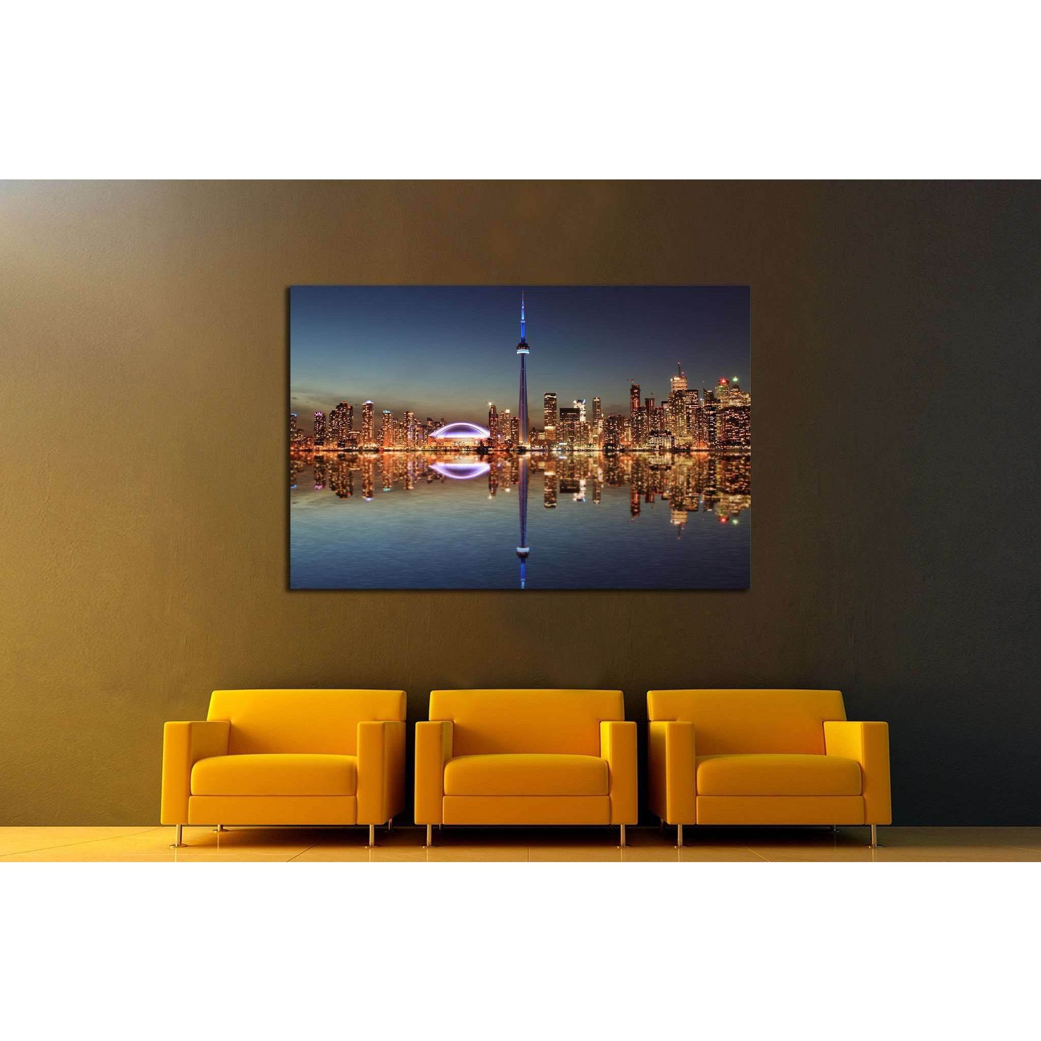 Toronto Skyline at night with a reflection in Lake Ontario №2040 Ready to Hang Canvas Print