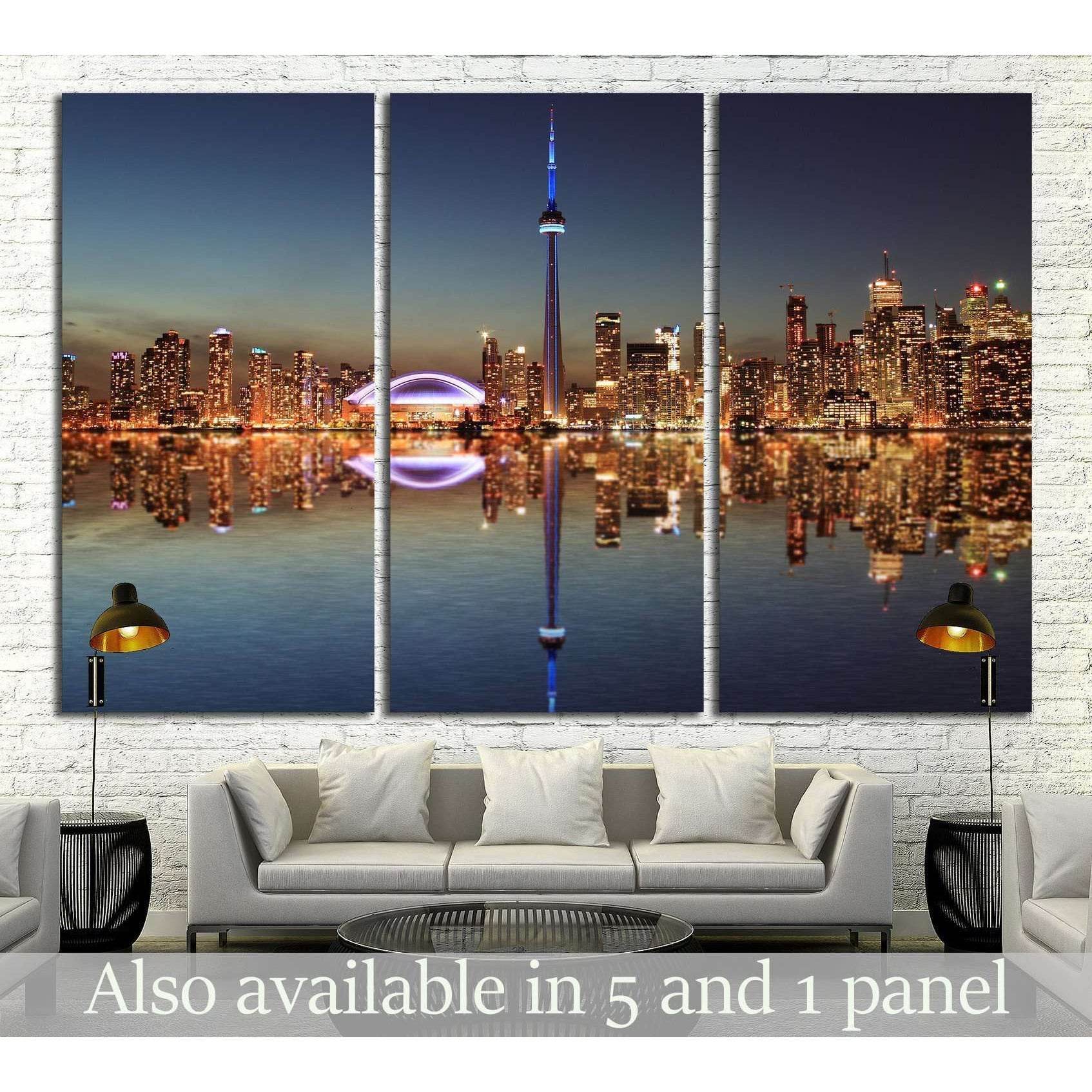 Toronto Skyline at night with a reflection in Lake Ontario №2040 Ready to Hang Canvas Print
