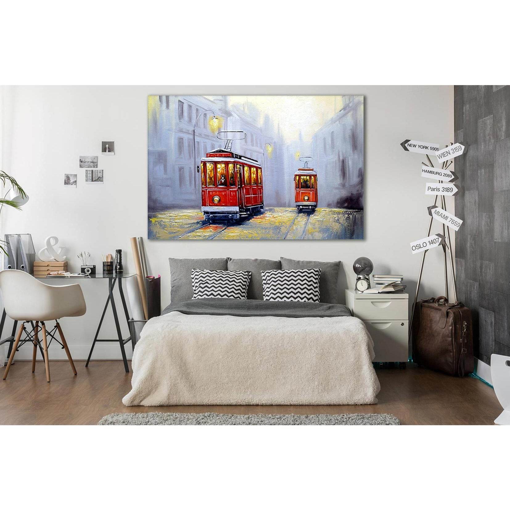 Tram In Old Town Oil Painting №SL584 Ready to Hang Canvas Print - Zellart Canvas Prints 0new, ALL_Products, Oil Painting Wall Art
