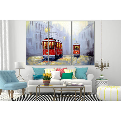 Tram In Old Town Oil Painting №SL584 Ready to Hang Canvas Print - Zellart Canvas Prints 0new, ALL_Products, Oil Painting Wall Art