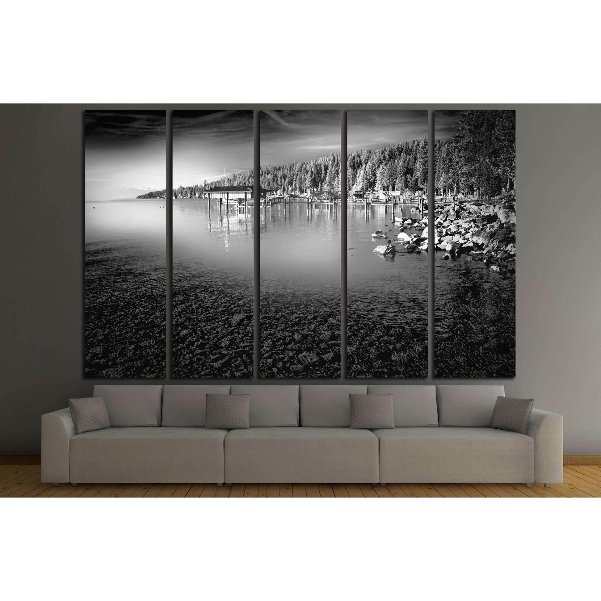 Black & White Lake Tahoe Canvas Art for Contemporary Home DecorThis canvas print features a monochromatic view of Lake Tahoe, with its pristine waters meeting a rugged shoreline, all under the watchful presence of evergreen forests. The grayscale tones ad
