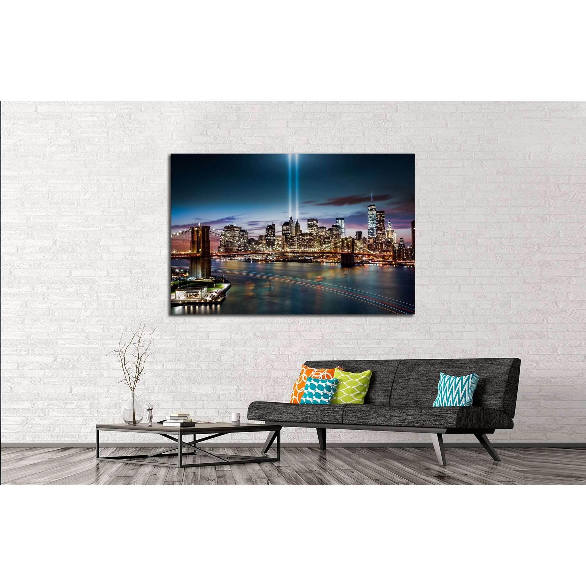 Tribute in Light memorial, Brooklyn Bridge and the Lower Manhattan skyline at dusk №2655 Ready to Hang Canvas Print - Zellart Canvas Prints 0_NY_ART, ALL_Products, s-2655
