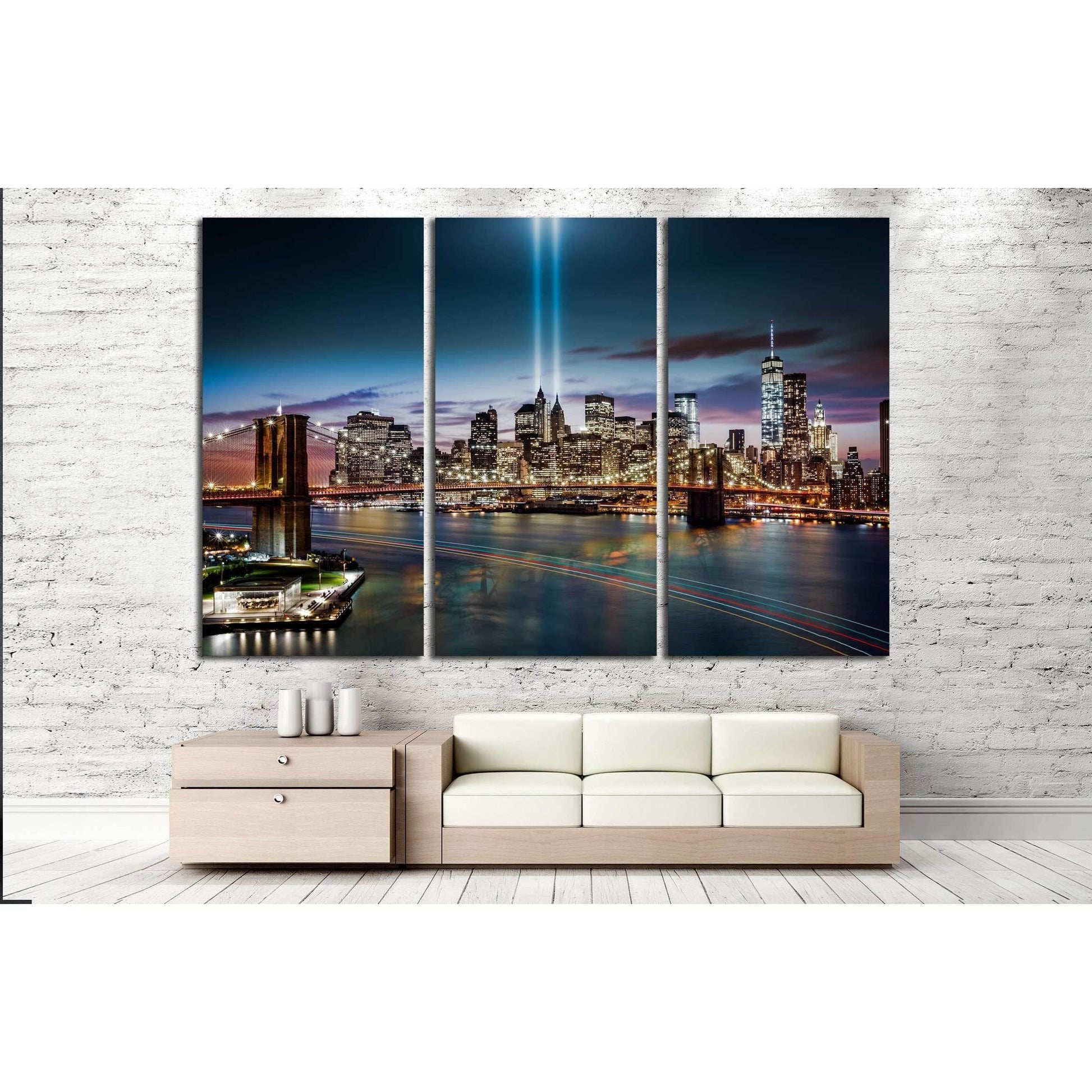 Tribute in Light memorial, Brooklyn Bridge and the Lower Manhattan skyline at dusk №2655 Ready to Hang Canvas Print - Zellart Canvas Prints 0_NY_ART, ALL_Products, s-2655