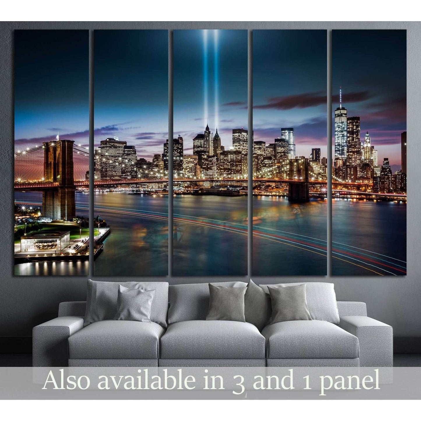 Tribute in Light memorial, Brooklyn Bridge and the Lower Manhattan skyline at dusk №2655 Ready to Hang Canvas Print - Zellart Canvas Prints 0_NY_ART, ALL_Products, s-2655