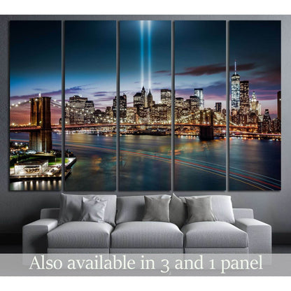 Tribute in Light memorial, Brooklyn Bridge and the Lower Manhattan skyline at dusk №2655 Ready to Hang Canvas Print - Zellart Canvas Prints 0_NY_ART, ALL_Products, s-2655