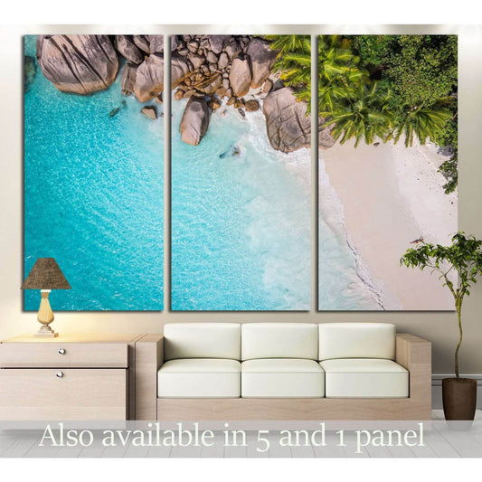 Tropical beach with sea and palm taken from drone. Seychelles famous shark beach №3113 Ready to Hang Canvas Print - Zellart Canvas Prints ALL_Products, s-3113