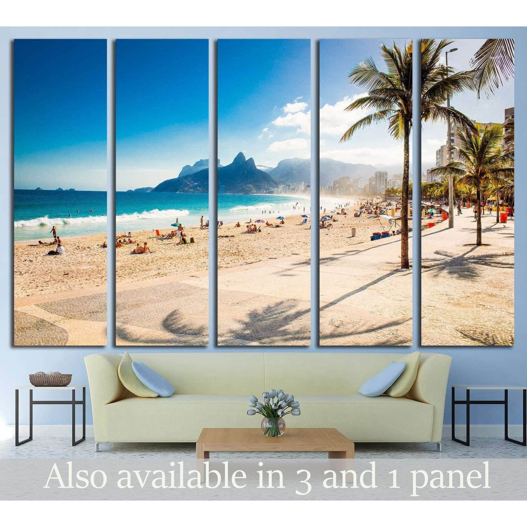Dois Irmãos Mountains Canvas Art - Panoramic Beach View DecorThis canvas print showcases the iconic Ipanema Beach in Rio de Janeiro, with its vibrant atmosphere and scenic views of the Dois Irmãos mountains. The bustling beach scene with its clear blue sk