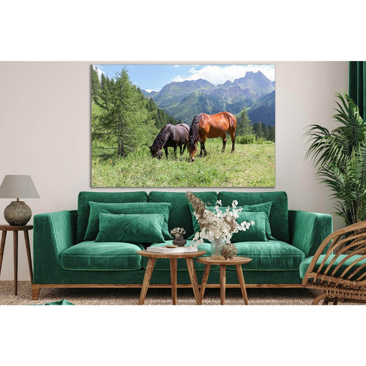 Two Horses Grazing In The Mountains №SL1025 Ready to Hang Canvas Print - Zellart Canvas Prints 0new, ALL_Products, Animals & Wildlife, Horses