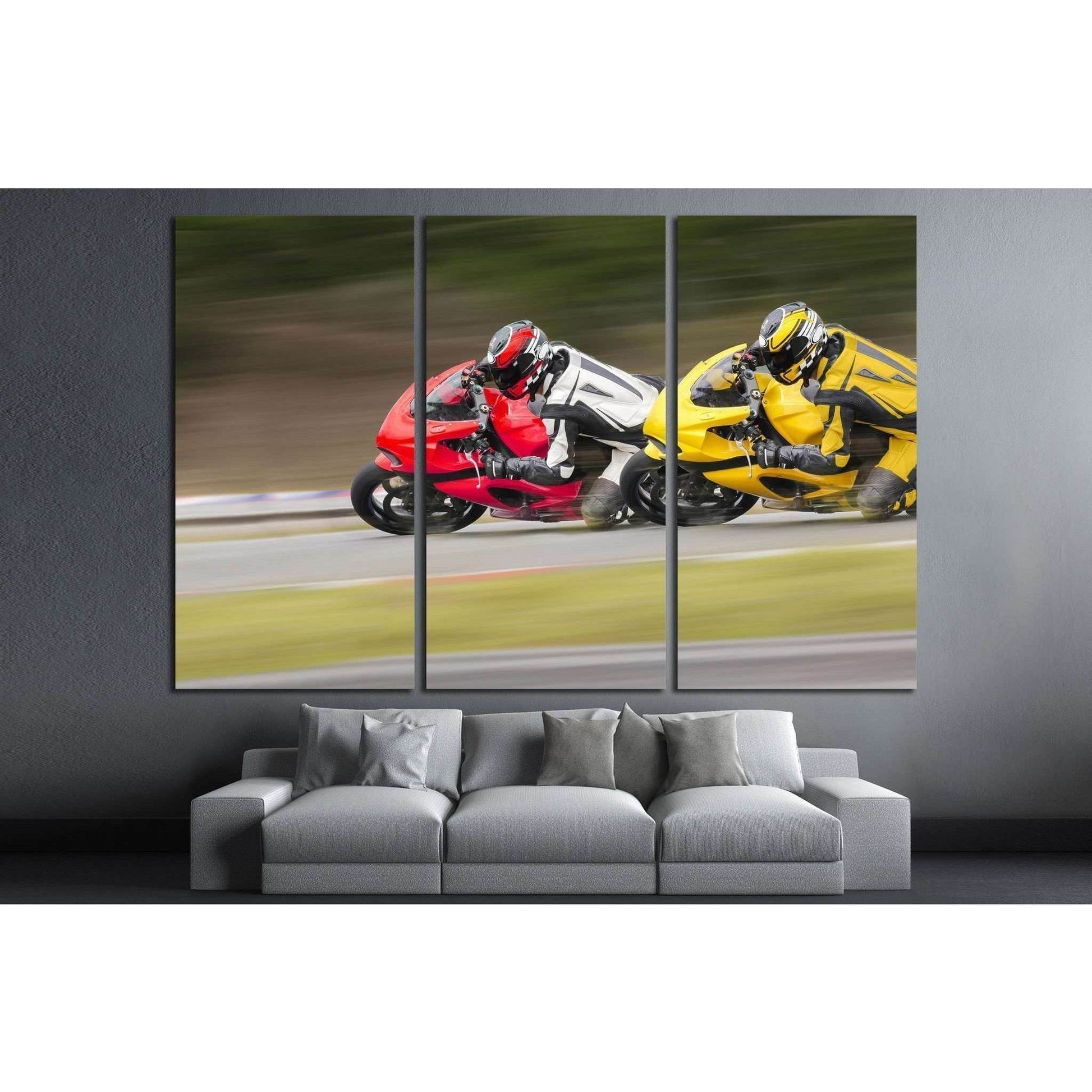 Two Motorcycles practice leaning into a fast corner on track №1867 Ready to Hang Canvas PrintCanvas art arrives ready to hang, with hanging accessories included and no additional framing required. Every canvas print is hand-crafted, made on-demand at our
