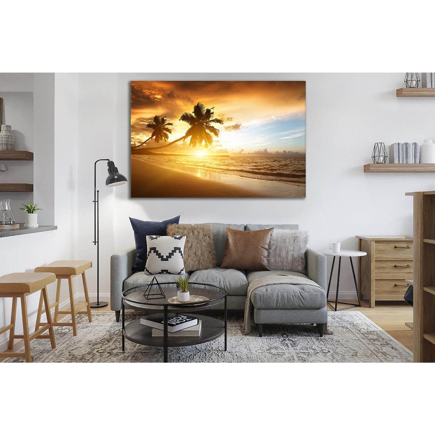 Two Palm Trees At Sunset №SL208 Ready to Hang Canvas Print - Zellart Canvas Prints 0new, ALL_Products, Beach Ocean & Waves, SUNRISE & SUNSET WALL ART