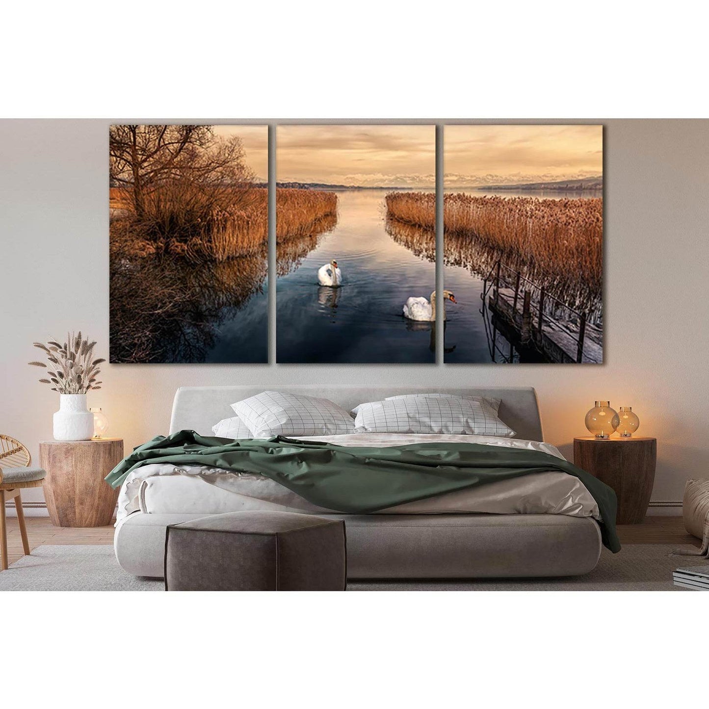 Two Swans In Autumn №SL638 Ready to Hang Canvas Print - Zellart Canvas Prints 0new, ALL_Products, Autumn Wall Art