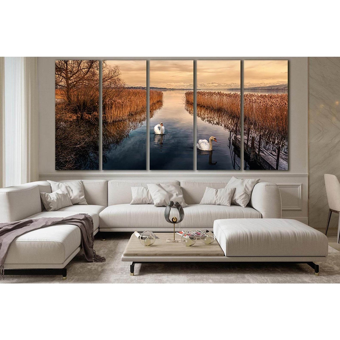 Two Swans In Autumn №SL638 Ready to Hang Canvas Print - Zellart Canvas Prints 0new, ALL_Products, Autumn Wall Art