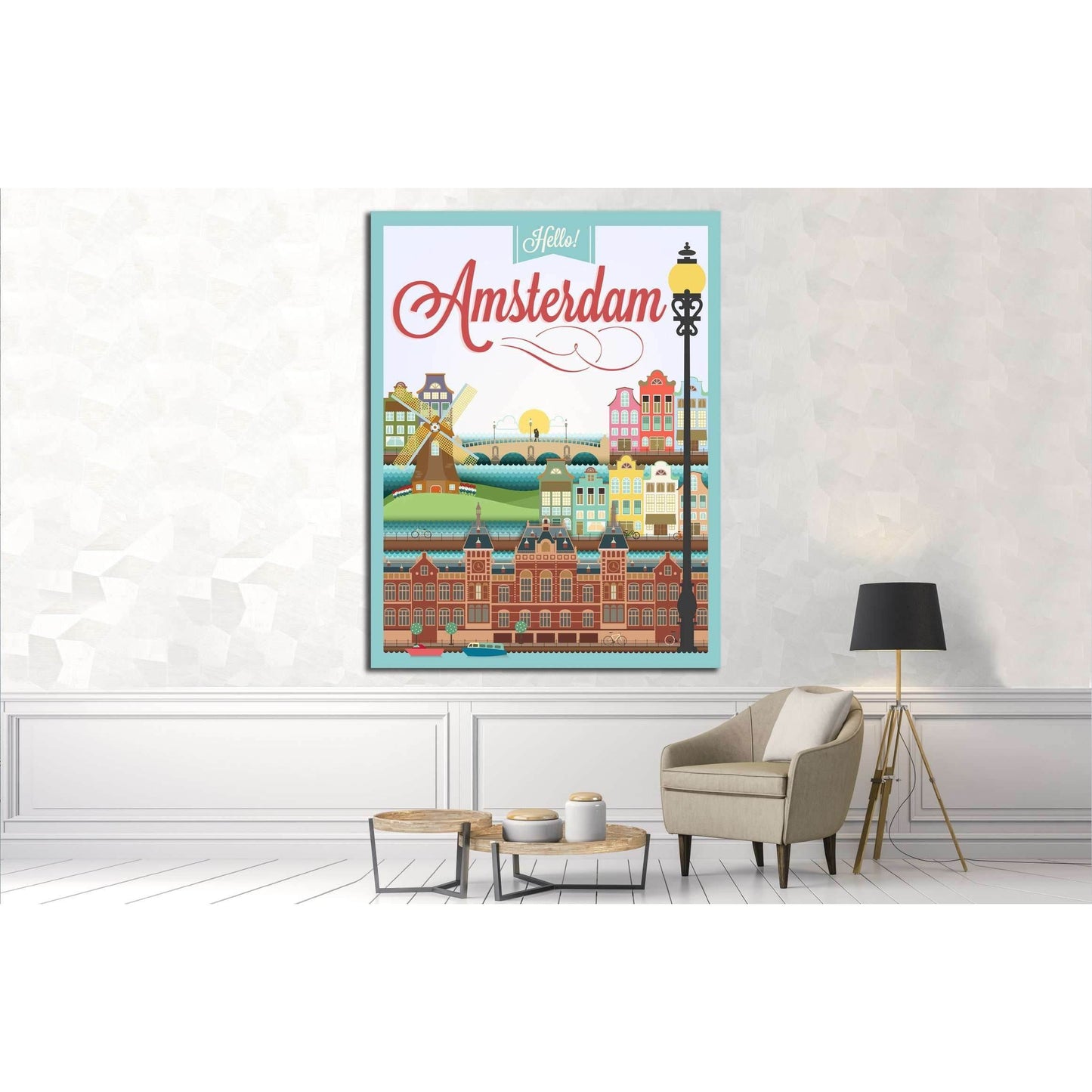 Typographical Retro Style canvas With Amsterdam Symbols And Landmarks №4565 Ready to Hang Canvas Print - Zellart Canvas Prints ALL_Products, s-4565