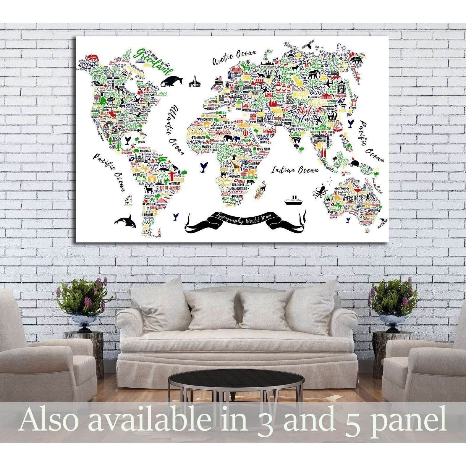 Typography World Map. Travel Poster with cities and sightseeing attractions №1930 Ready to Hang Canvas Print