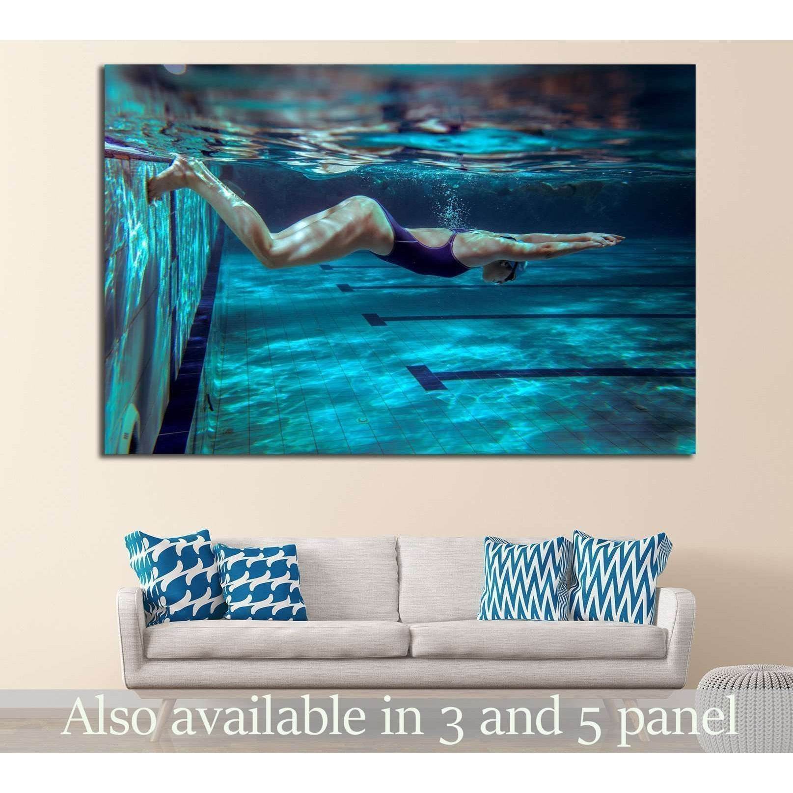 Pool Canvas Underwater Swimmer Canvas Print, Blue Pool Photo - Zellart