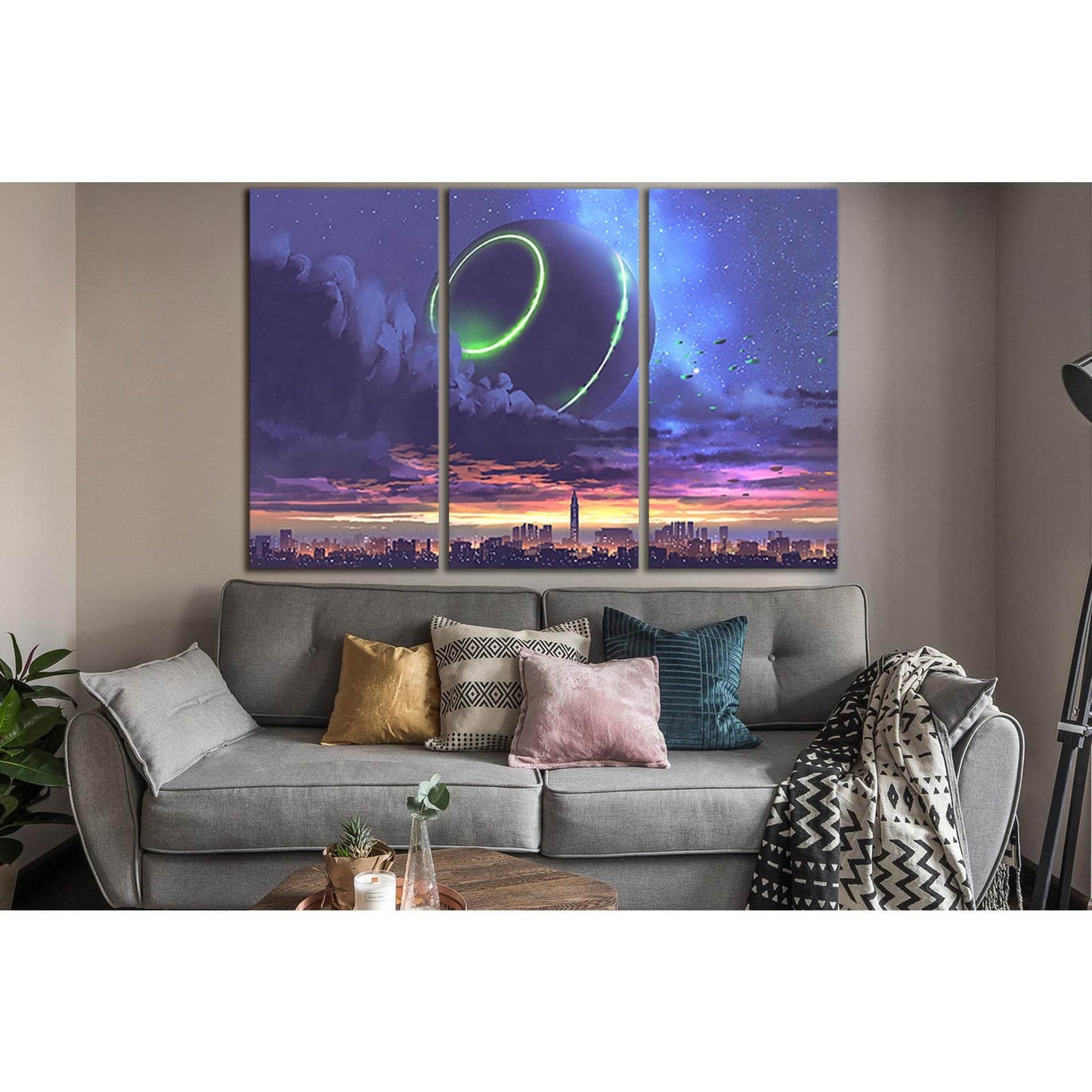 Unidentified Object Over City With Skyscrapers №SL1253 Ready to Hang Canvas Print - Zellart Canvas Prints 0new, ALL_Products, Fantasy And Sci Fi Wall Art