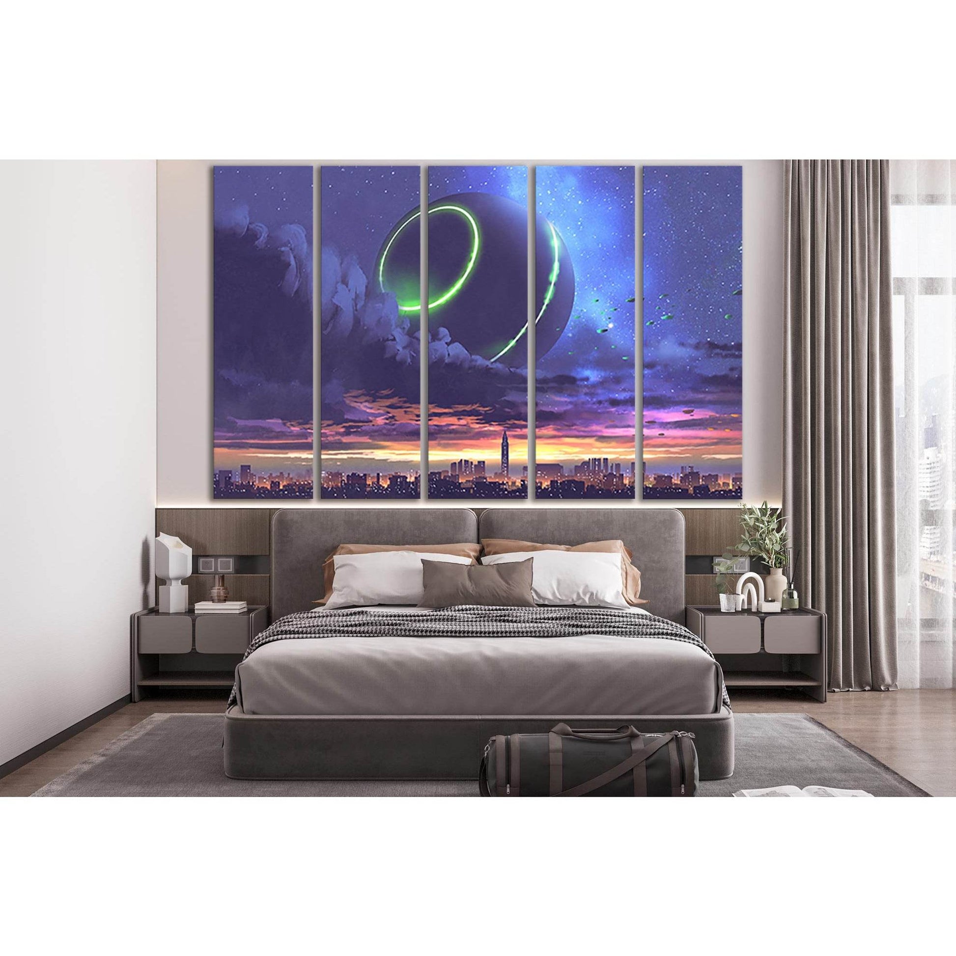 Unidentified Object Over City With Skyscrapers №SL1253 Ready to Hang Canvas Print - Zellart Canvas Prints 0new, ALL_Products, Fantasy And Sci Fi Wall Art