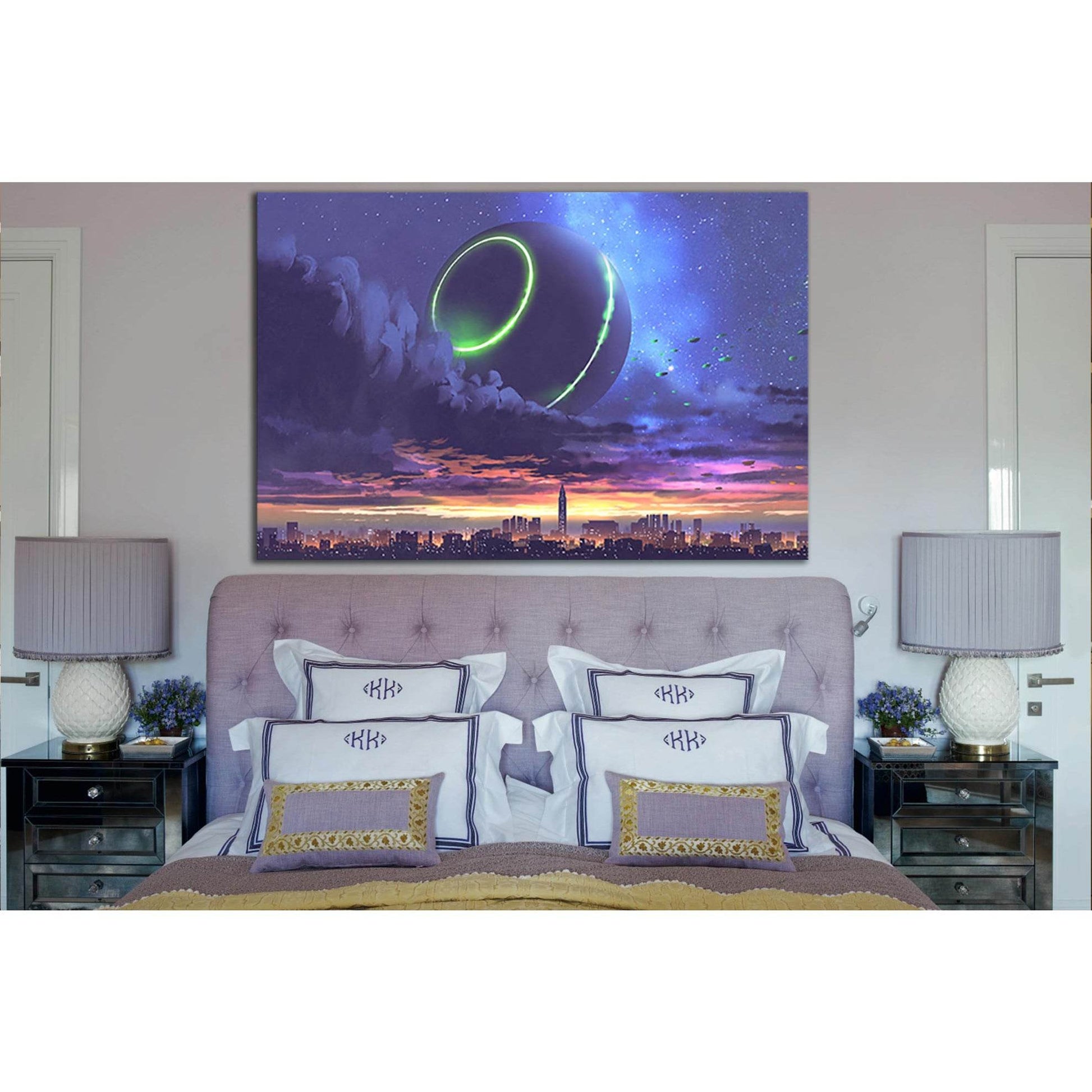 Unidentified Object Over City With Skyscrapers №SL1253 Ready to Hang Canvas Print - Zellart Canvas Prints 0new, ALL_Products, Fantasy And Sci Fi Wall Art