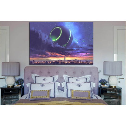 Unidentified Object Over City With Skyscrapers №SL1253 Ready to Hang Canvas Print - Zellart Canvas Prints 0new, ALL_Products, Fantasy And Sci Fi Wall Art