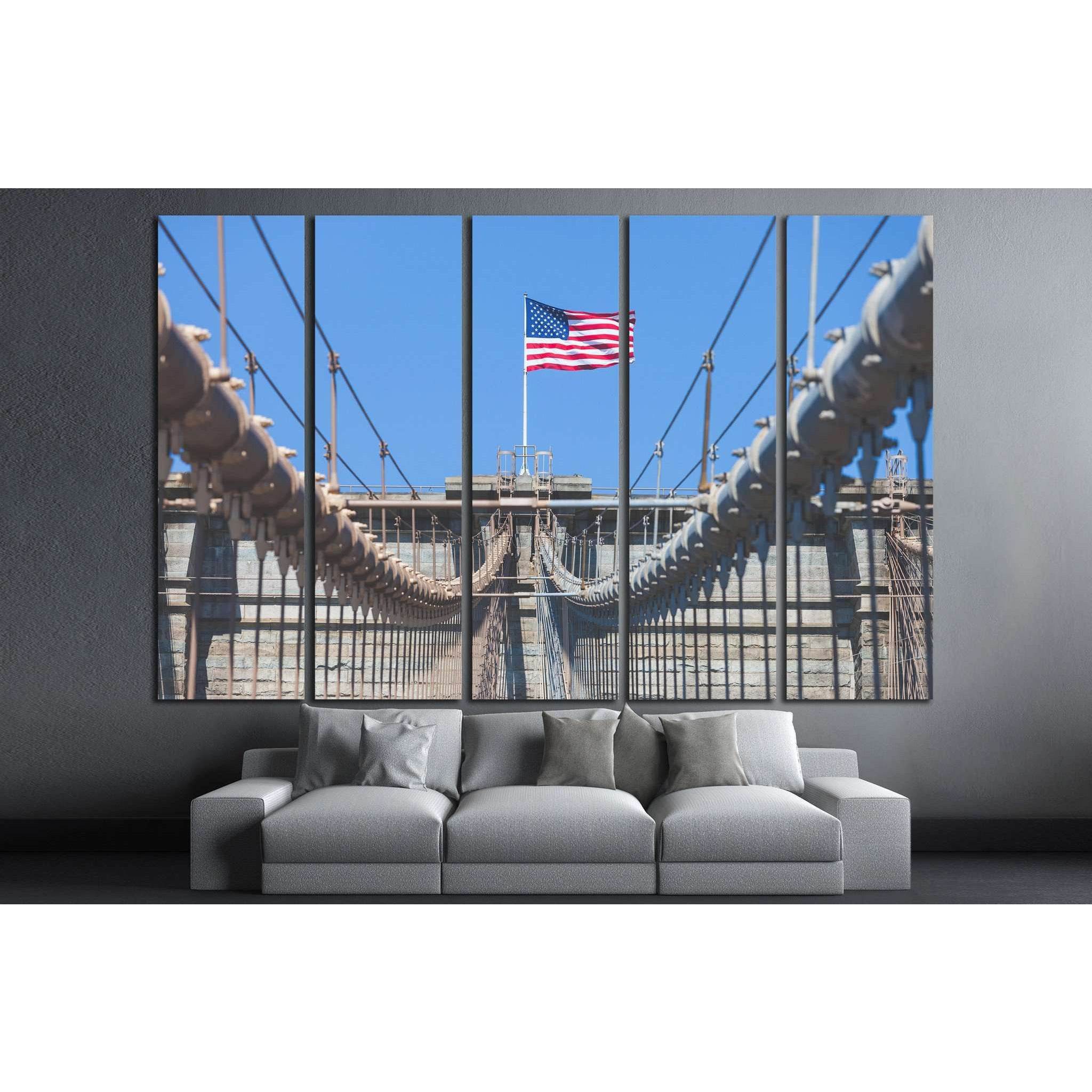 United States Flag at top of Brooklyn Bridge №1290 Ready to Hang Canvas Print