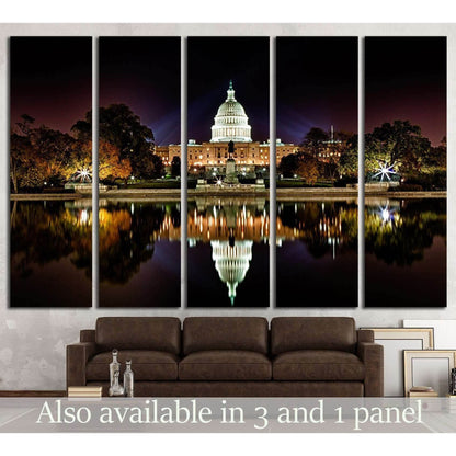 US Capitol Building at night with reflecting pool canvas print displayed above sofa