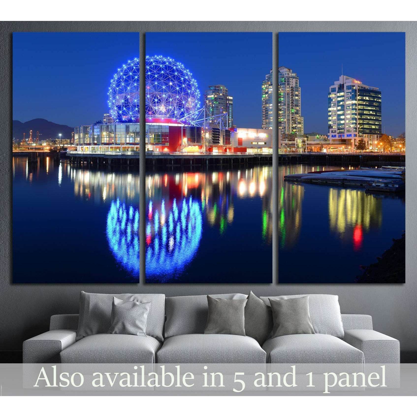 Vancouver night canvas print with Science World blue dome and skyline reflections above a sofa