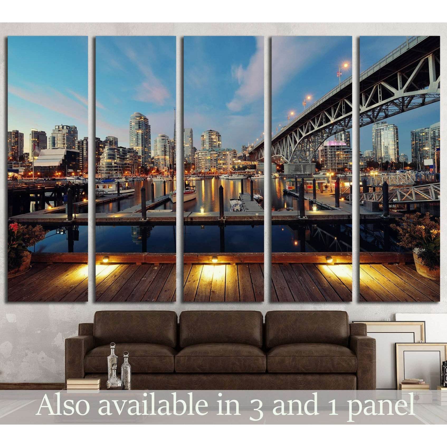 Vancouver False Creek at night with bridge and boat №2015 Ready to Hang Canvas Print - Zellart Canvas Prints ALL_Products, s-2015