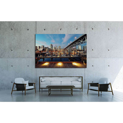 Vancouver False Creek at night with bridge and boat №2015 Ready to Hang Canvas Print - Zellart Canvas Prints ALL_Products, s-2015