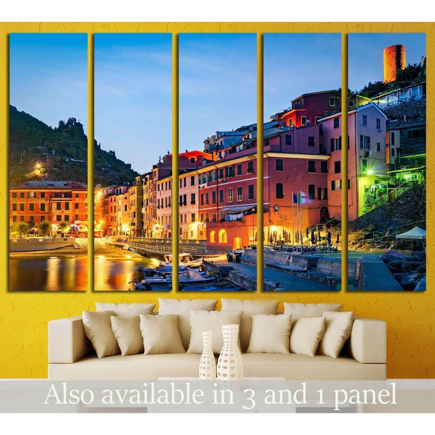 Vernazza Cinque Terre canvas print above sofa with twilight harbor and pastel hillside houses