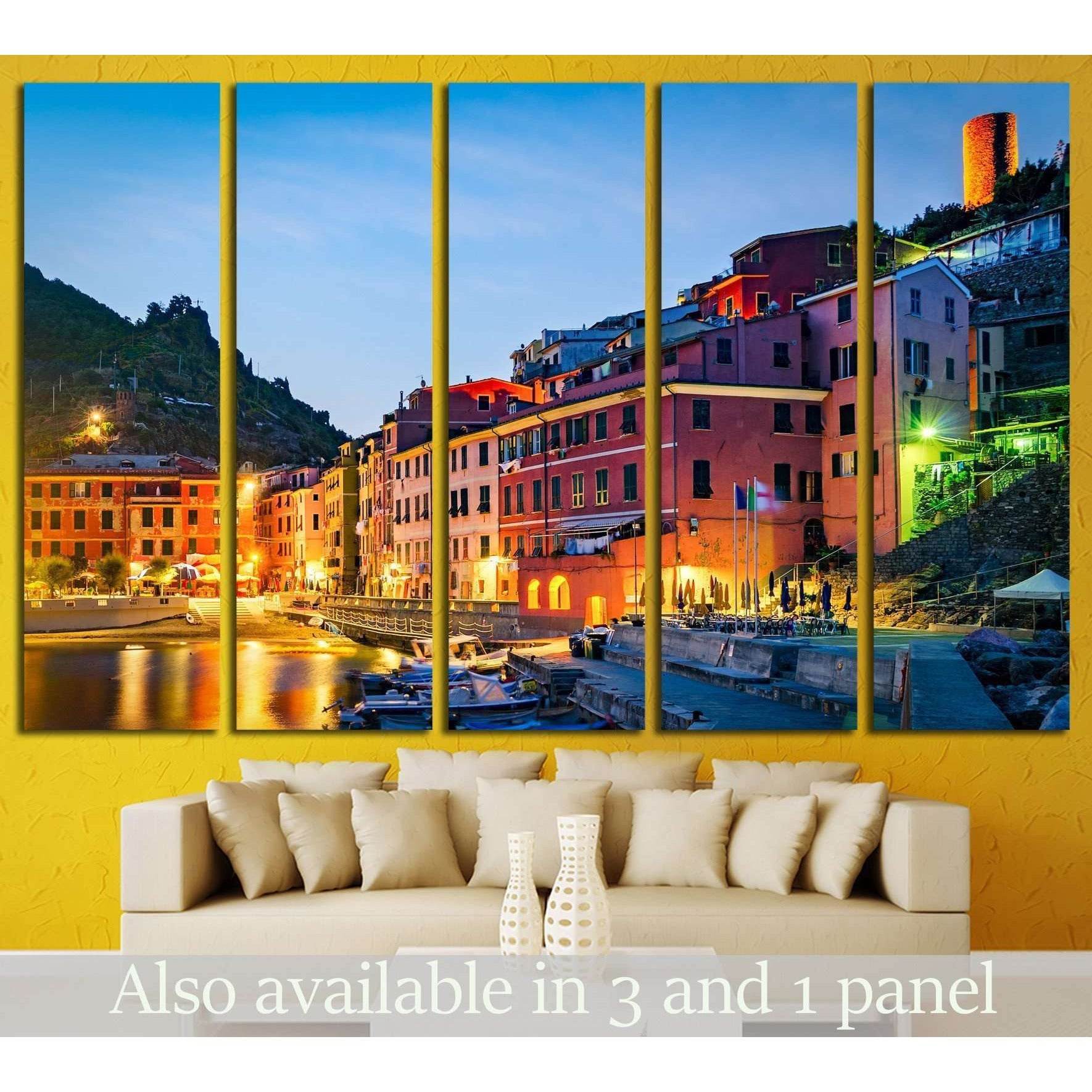 Vernazza Cinque Terre canvas print above sofa with twilight harbor and pastel hillside houses