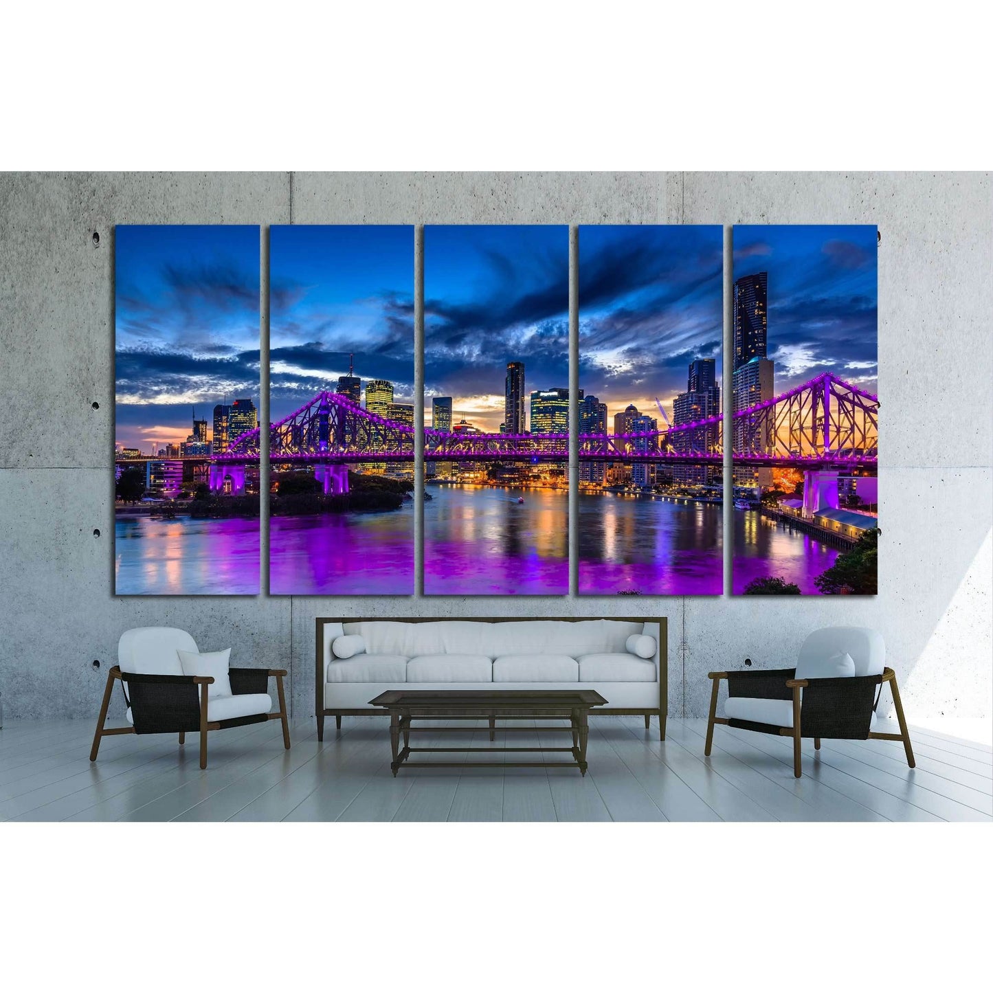 Vibrant night time panorama of Brisbane city with purple lights on Story Bridge, Australia №2391 Ready to Hang Canvas PrintCanvas art arrives ready to hang, with hanging accessories included and no additional framing required. Every canvas print is hand-c