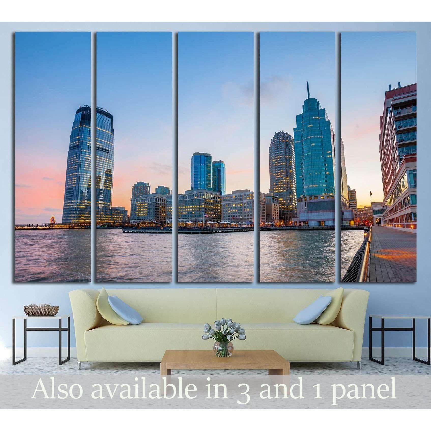 Jersey City skyline canvas print above sofa, viewed from Hudson River Waterfront Walkway at dusk