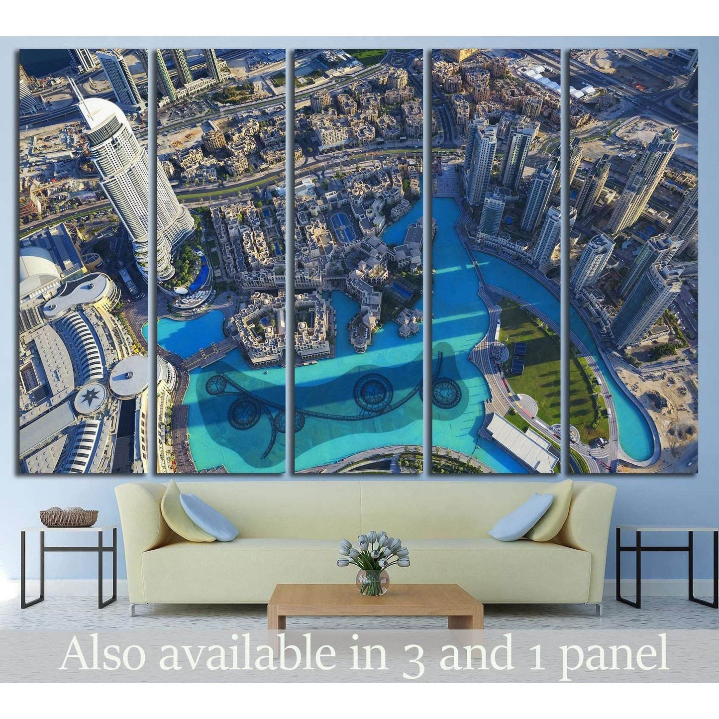 Dubai aerial canvas print with downtown skyscrapers and turquoise fountain pools above a sofa