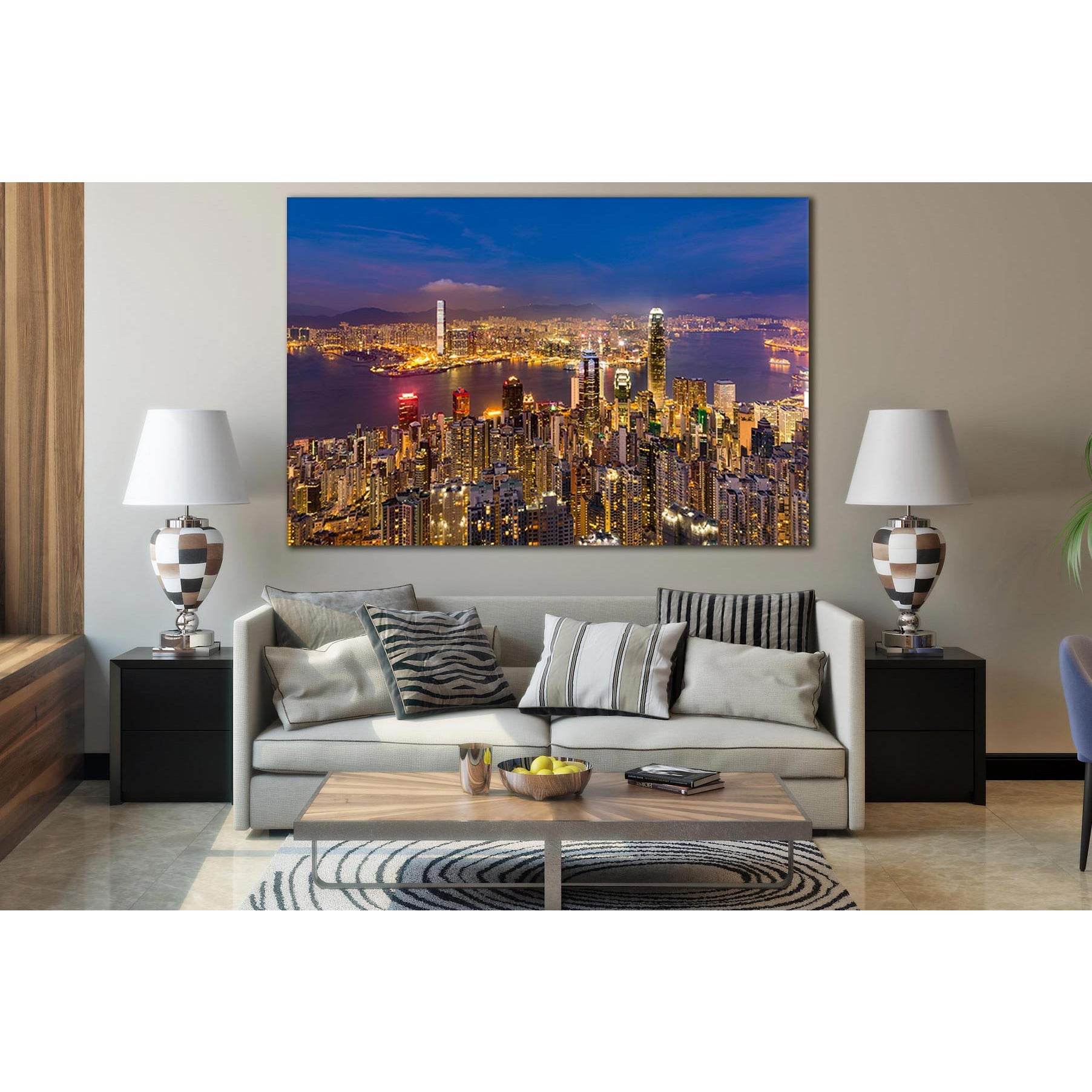View Of Hong Kong Night Cityscape №SL376 Ready to Hang Canvas Print - Zellart Canvas Prints 0new, ALL_Products, Cityscapes & Skylines