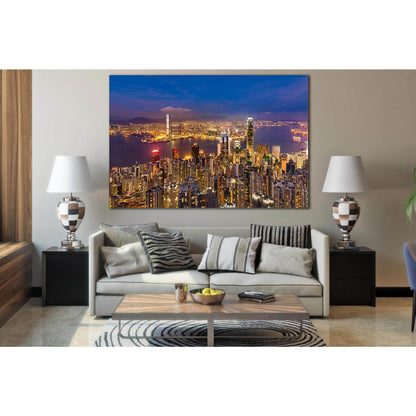 View Of Hong Kong Night Cityscape №SL376 Ready to Hang Canvas Print - Zellart Canvas Prints 0new, ALL_Products, Cityscapes & Skylines