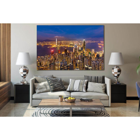 View Of Hong Kong Night Cityscape №SL376 Ready to Hang Canvas Print - Zellart Canvas Prints 0new, ALL_Products, Cityscapes & Skylines