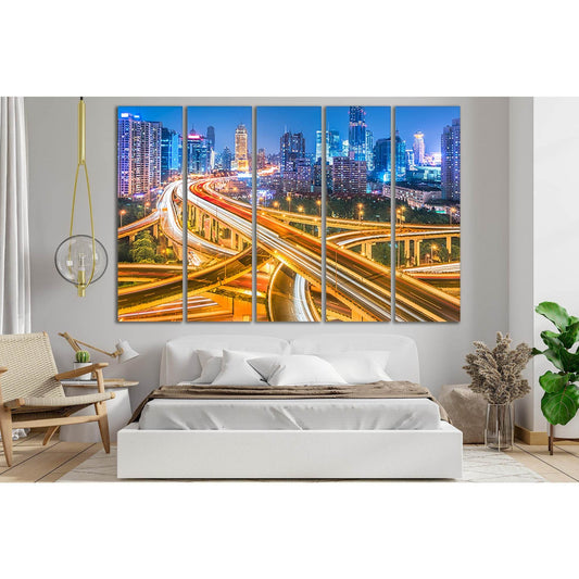 View Of Shanghai Overpass At Night №SL351 Ready to Hang Canvas Print - Zellart Canvas Prints 0new, ALL_Products, Cityscapes & Skylines