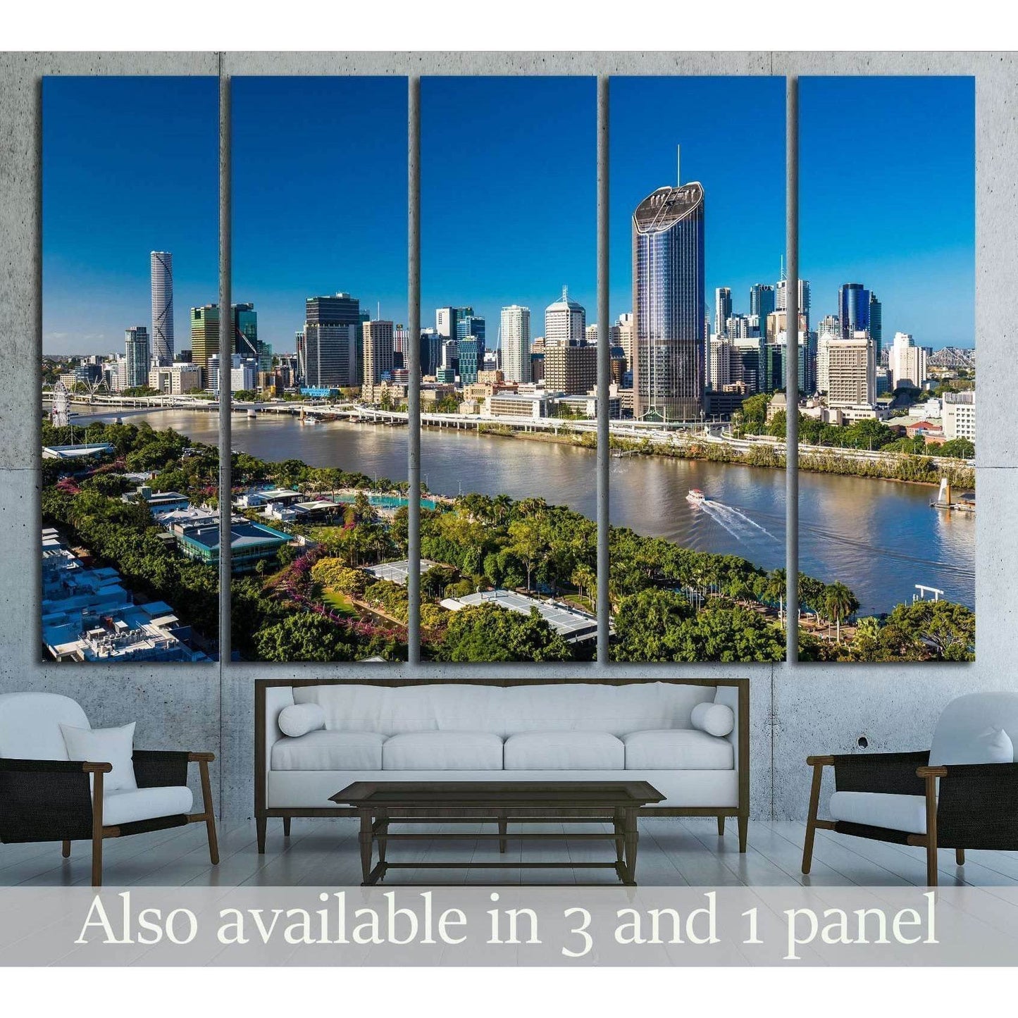Brisbane skyline canvas print above sofa in modern living room with riverfront city view