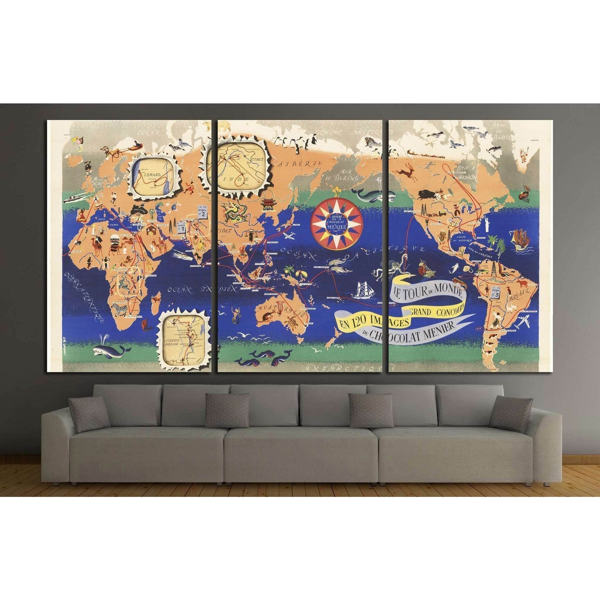 Vintage Map of the World Chocolat Menier №1495 Ready to Hang Canvas Print - Zellart Canvas Prints ALL_Products, s-1495