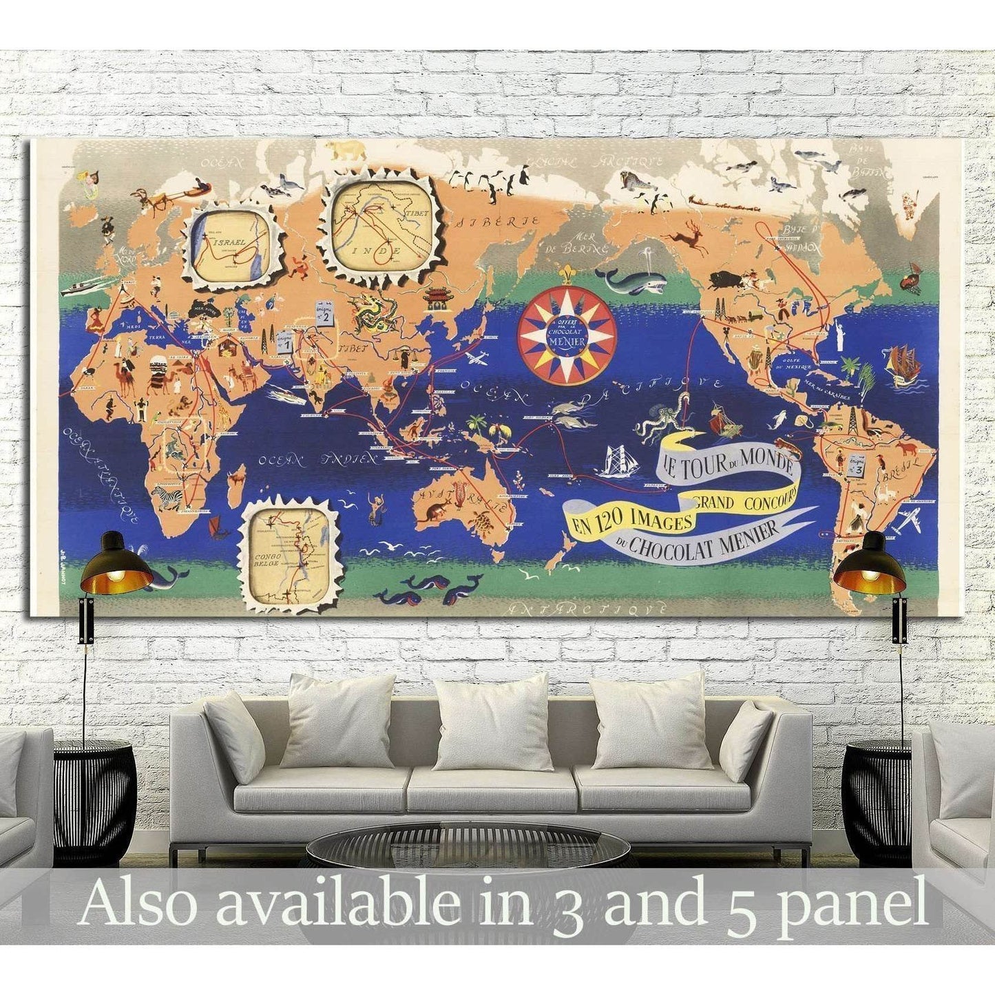 Vintage Map of the World Chocolat Menier №1495 Ready to Hang Canvas Print - Zellart Canvas Prints ALL_Products, s-1495