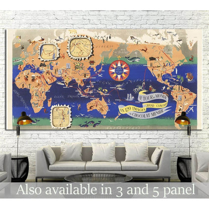 Vintage Map of the World Chocolat Menier №1495 Ready to Hang Canvas Print - Zellart Canvas Prints ALL_Products, s-1495