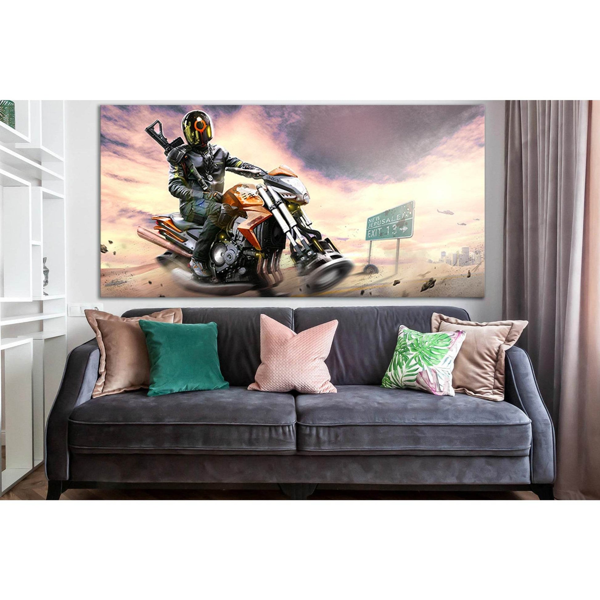 Warrior Flying Motorcycle №SL1296 Ready to Hang Canvas Print - Zellart Canvas Prints 0new, ALL_Products, Fantasy And Sci Fi Wall Art