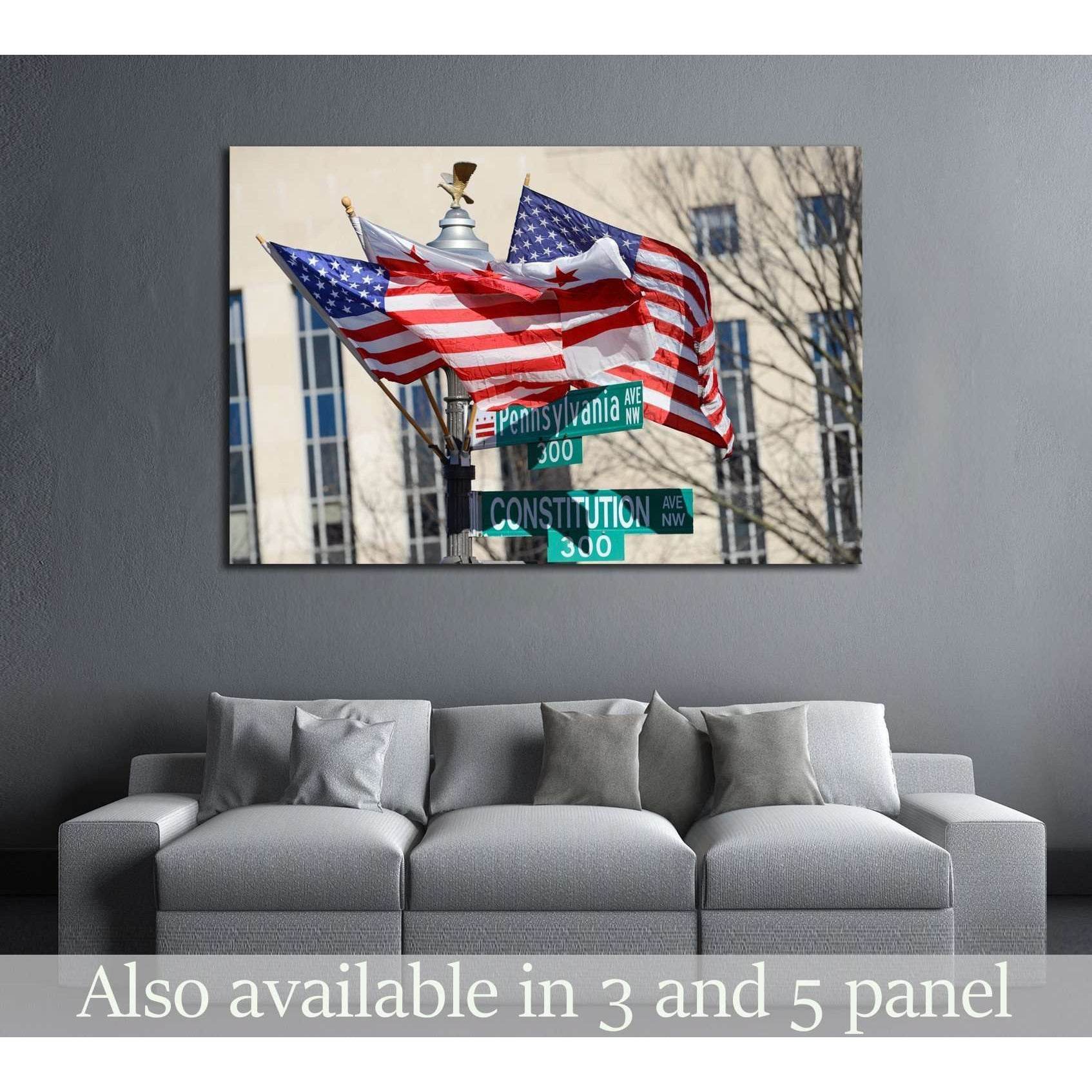 Washington DC, Pennsylvania Avenue and Constitution Avenue junction street signs with DC and United States of America flags on the same post №2271 Ready to Hang Canvas Print